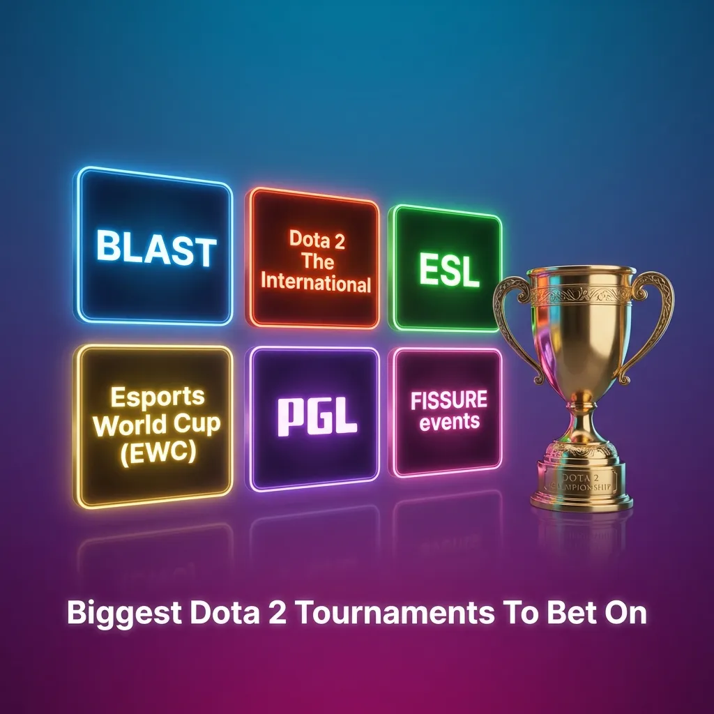 Top Dota 2 tournament logos including The International, ESL One, and DreamLeague for esports betting opportunities