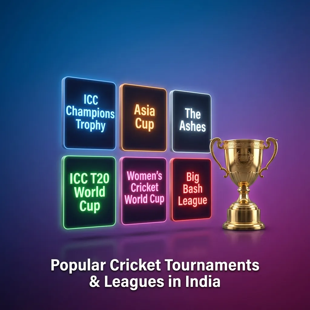 Cricket tournaments including IPL, ICC World Cup, T20 World Cup, The Ashes, and Big Bash League available for betting