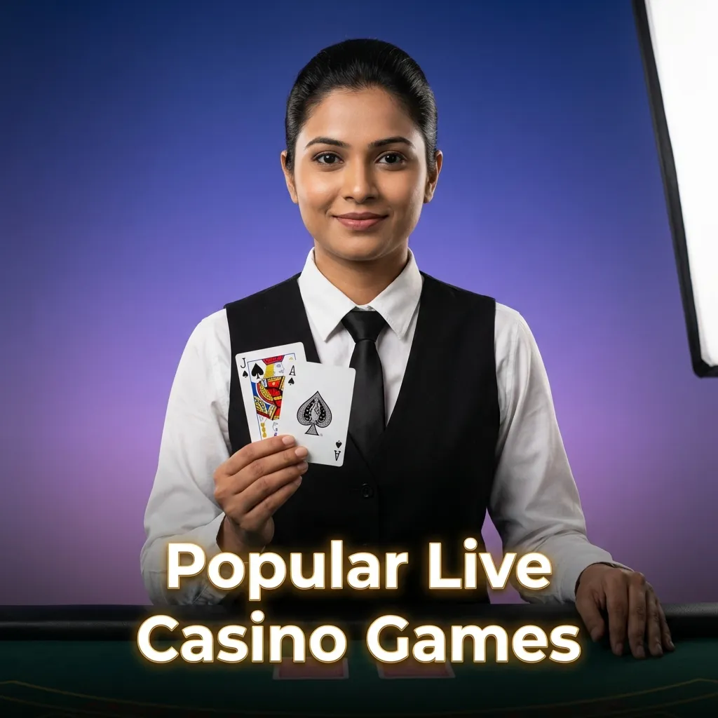 Live casino games including Andar Bahar, Teen Patti, roulette, baccarat, and blackjack with professional dealers
