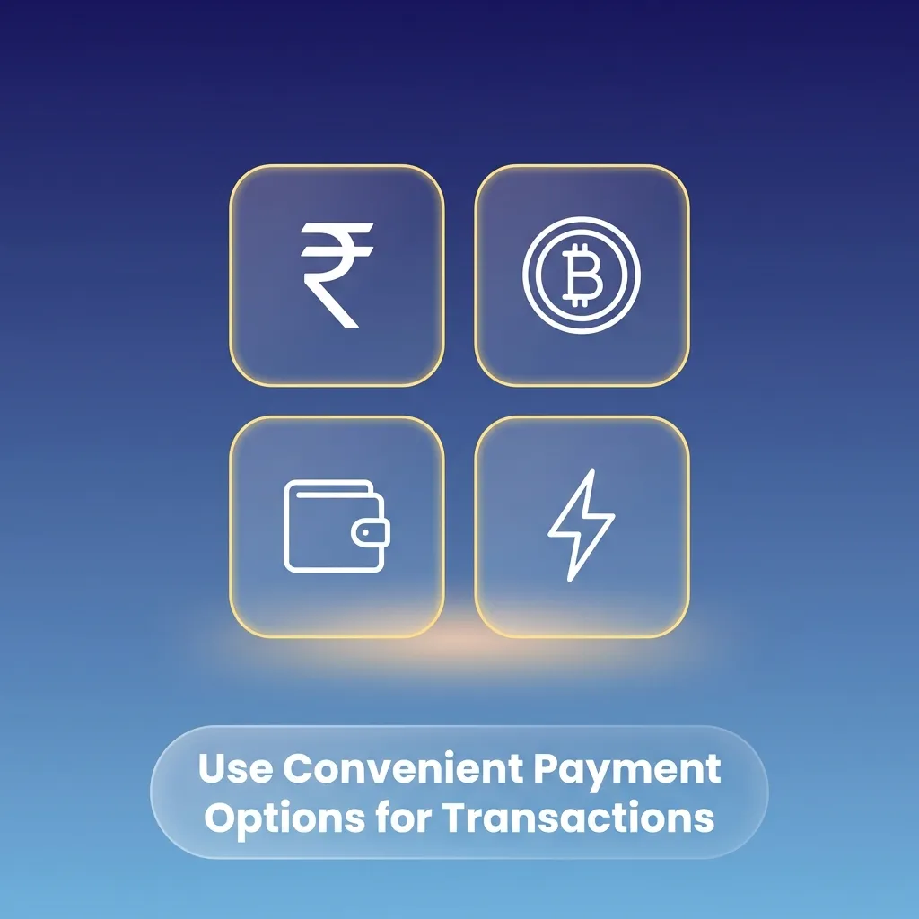 Multiple payment method icons including UPI, mobile wallets, bank transfers, and cryptocurrency options for Indian users